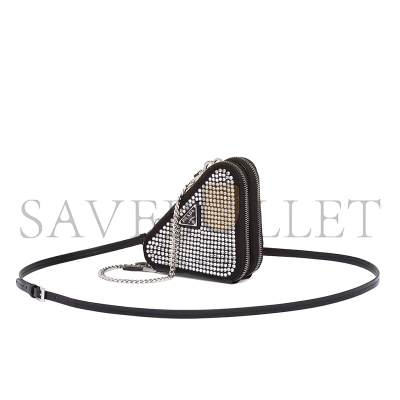 PRADA TRIANGULAR EMBELLISHED SATIN AND LEATHER MINI-POUCH 1NR015 (15*15*10cm)